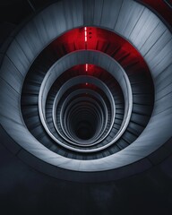 Fototapeta premium Close-up of a spiral staircase with a red light at the top. the staircase appears to be made of concrete and has a black and white color scheme.