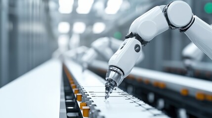 industrial machinery and mechanical systems mechanized. Robotic arm working on an assembly line in a modern factory.