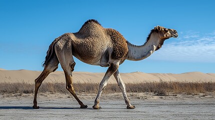 Camel walking desert landscape