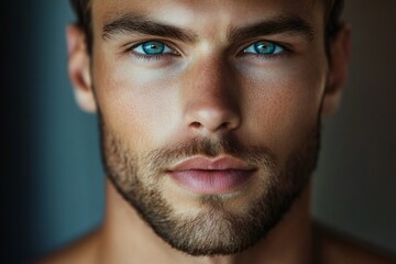 Obraz premium Close up portrait of handsome man. Portrait of shirtless man for skincare and beauty concepts. Handsome man with beauty face, facial skin portrait. Male healthy skin and spa concept