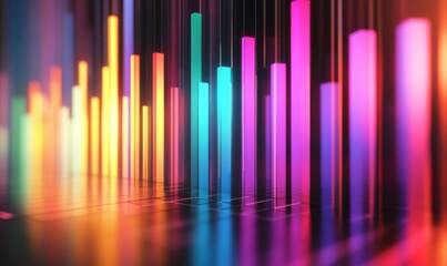 Vibrant glowing bar graphs illuminated by gradient lighting symbolizing financial success and innovative data visualization .