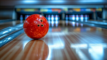 The Red Bowling Ball Ready to Strike Down Pins a Classic Game of Skill and Precision Indoor Recreation Fun Sport Challenge Competition Leisure