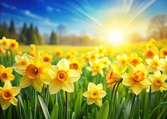 Fototapeta premium Sunlit daffodil field explodes with vibrant yellow blooms, a stunning spring floral spectacle.