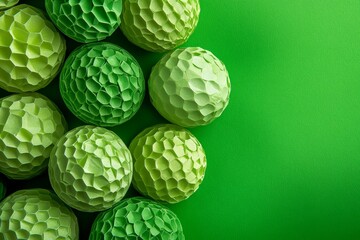 Fototapeta premium The concept of Happy St Patrick's Day is represented by a frame containing cutout paper shamrocks, four leaf clovers, and party confetti on a bright green background, captured in a flat lay from a