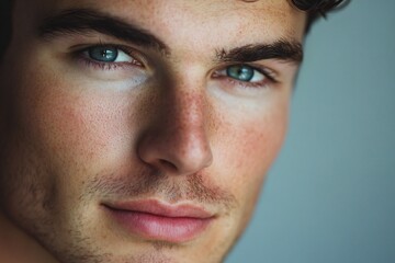 Obraz premium Close up portrait of handsome man. Portrait of shirtless man for skincare and beauty concepts. Handsome man with beauty face, facial skin portrait. Male healthy skin and spa concept