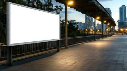 Obraz premium Billboard frame positioned along an urban walkway illuminated by streetlights in a bustling city during twilight hours