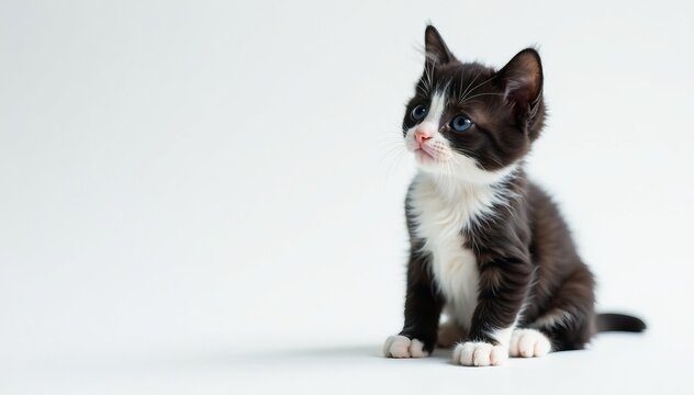 Close up of tiny black and white kitten sitting on white background looking curious, animal, curious