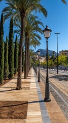 Obraz premium Lush palm trees beautifully lining the walkway of a sun-drenched city park, complemented by elegant street lamps under a clear blue sky