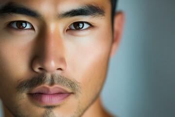 Close up portrait of handsome asian american man. Portrait of a man for skincare and beauty concepts. Handsome man with beauty face, facial skin portrait. Male healthy skin and spa concept