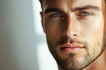 Obraz premium Close up portrait of handsome man. Portrait of shirtless man for skincare and beauty concepts. Handsome man with beauty face, facial skin portrait. Male healthy skin and spa concept