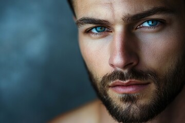Obraz premium Close up portrait of handsome man. Portrait of shirtless man for skincare and beauty concepts. Handsome man with beauty face, facial skin portrait. Male healthy skin and spa concept