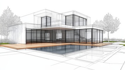 Fototapeta premium Modern Architectural Design Striking 3D Illustration of a Luxurious House with a Swimming Pool