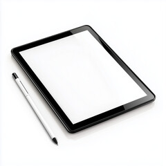 A modern black digital tablet with a stylus pen on a white background