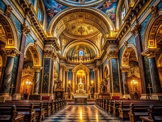 Low Light Cathedral Interior: Gilded Altar & Marble Columns Stock Photo