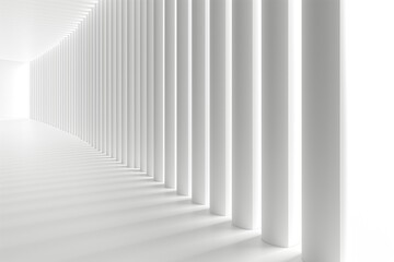 Obraz premium A minimalist white corridor with sleek, cylindrical columns casting soft shadows, creating a serene and futuristic atmosphere.