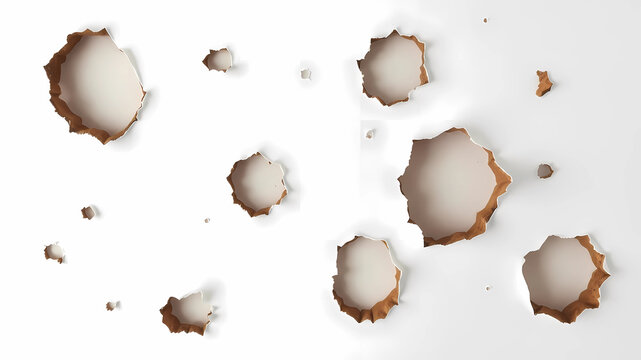 Scattered across a clean, white surface, the image features several brown, burned edges resembling fragments of eggshells or scorched paper, each possessing jagged, irregular shapes with blackened bor