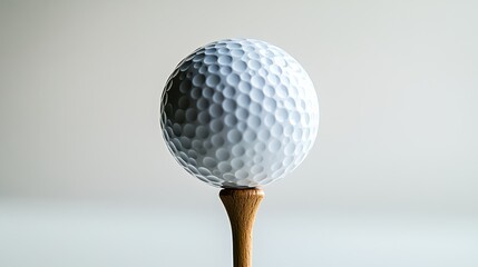 A pristine white golf ball, poised for its journey down the fairway, rests on a weathered wooden tee against a stark white background, bathed in a soft, minimalist light, symbolizing the perfect