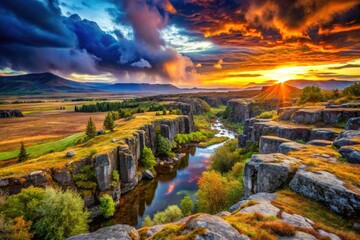 Fototapeta premium Thingvellir's ethereal rift valley: volcanic landscapes, dramatic skies, mystical Icelandic surrealism.