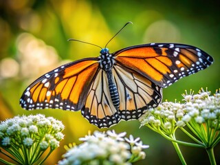 Naklejka premium Milkweed Butterfly on White Flower, High Depth of Field, Macro Photography, Insect, Nature, Wildlife, Closeup, Butterfly, Flower, Bloom, White Flower, Pollination, Lepidoptera, Danaus plexippus