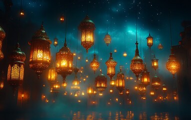Obraz premium Glowing Lanterns Floating in a Starry Night Sky