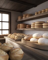 Bakery counter with multiple shelves filled with different types of bread. on the left side of the image, there is a large window with white curtains, allowing natural light to enter the room.