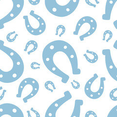 Horseshoe. Blue silhouettes. Symbol of happiness in different sizes. Seamless vector pattern. Endless ornament. Isolated colorless background. St. Patricks Day. Flat style. Idea for web design, cover.