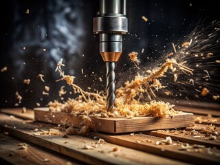 Low Light Industrial Drill Piercing Wood Plank, Sawdust Flying