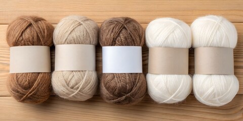  Neutral-toned yarn balls mockup with blank labels, featuring beige, cream, white, and brown hues. A perfect template for branding and textile product presentations.