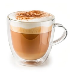 Obraz premium Foamy cappuccino with a whipped milk cap in a double glass mug, isolated on a white background.