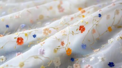 Delicate White Fabric With Embroidered Floral Design