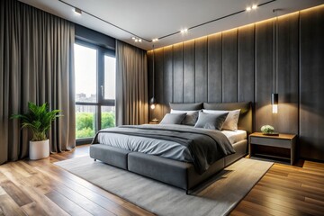 Minimalist Grey Bedroom Photography: Stylish Grey Bed, Black Walls, Interior Design