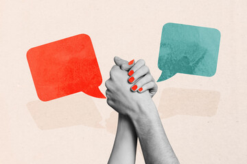 Contemporary art banner collage of hands show handshake gesture approval help communication icon...