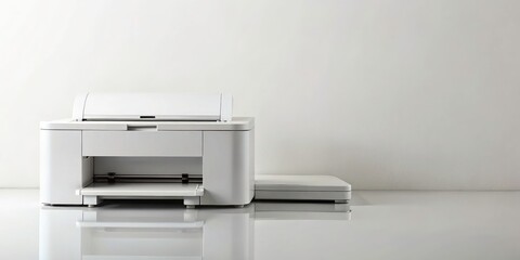 Minimalist Laser Printer Photography: Clean Office Tech, Modern Device, Simple Design, White Background, Black Printer, Office Supplies, Desk Setup