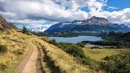 Naklejka premium Hiking trails in Patagonia, Argentina, surrounded by dramatic peaks and glacial lakes