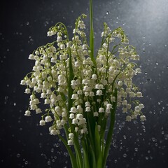 "A cluster of lily-of-the-valley flowers appearing to be suspended in a weightless composition."