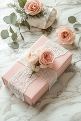 Pink gift boxes adorned with rose ranunculus flowers and eucalyptus are set against a marble background in a romantic flat lay composition, symbolizing Happy Mothers Day, International Womens Day,