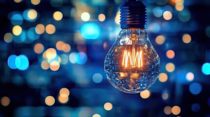 Edison bulbs hanging from the ceiling, with the main focus on the bulb in the center of the frame. The bulb is lit, emitting a warm yellow glow from its filament that is clearly visible inside