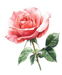 Fototapeta premium Single pink rose watercolor painting on white background.