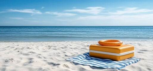 Obraz premium A vibrant beach scene showcases a cheerful orange float and a cooler resting on the warm sand, all under a clear blue sky by the ocean
