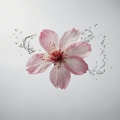 "A delicate cherry blossom petal falling mid-air against a crisp white background."
