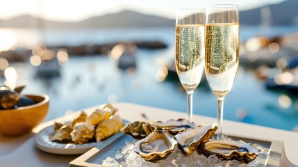 Fototapeta premium Enjoying oysters and sparkling wine by the waterfront at sunset during a summer evening gathering with friends