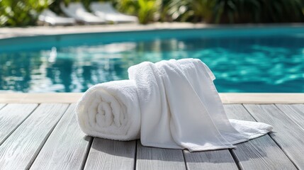 A crisp white towel, draped elegantly over the smooth surface of a weathered wooden deck, invites relaxation and leisure. Beside the pool, the towel forms a tranquil centerpiece, reflecting the