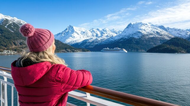 Woman gazes at snow-capped mountains and cruise ship during winter on a scenic coastal adventure in Alaska