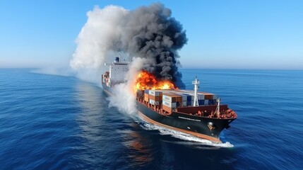 A container ship is engulfed in raging flames and thick smoke while adrift on the vast open ocean, illustrating a dramatic maritime disaster