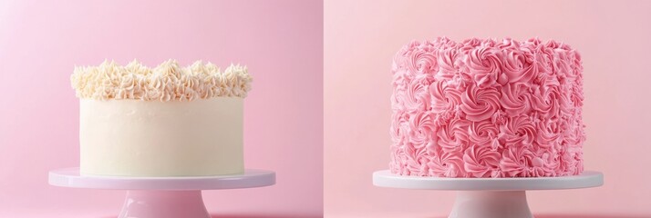Deliciously crafted white and pink cakes displayed on pedestals against a soft pink background. Generative AI