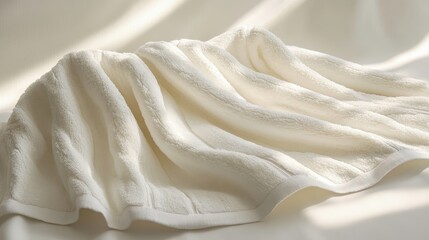 A pristine white beach towel, its folds meticulously arranged, lay gracefully on a neutral backdrop, a symbol of pure relaxation and effortless elegance.
