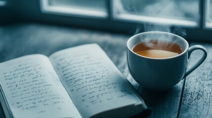 Warm cup of tea releases steam next to an open journal filled with handwritten notes. This serene setting invites quiet reflection and creativity during a peaceful afternoon.