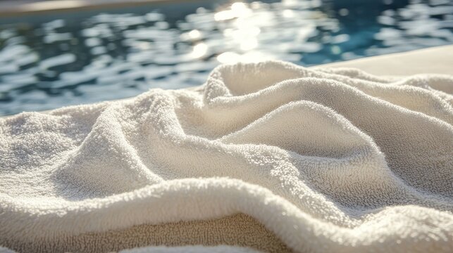 A pristine white beach towel, its folds meticulously arranged, lay gracefully on a neutral backdrop, a symbol of pure relaxation and effortless elegance.