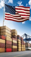 Large American flag waving over shipping containers at a bustling port during the day with clear skies and a crane in the background
