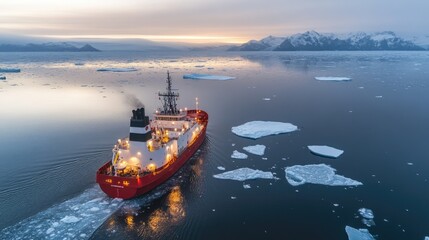 Icebreaker ship navigating through icy waters under a twilight sky in a polar region with distant mountains
